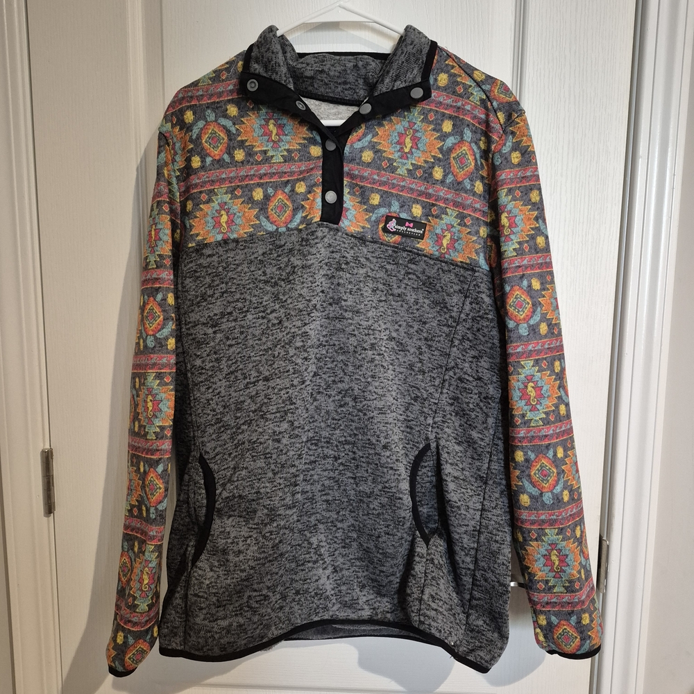 Simply Southern Gray and Multicolor V-Neck Sweater